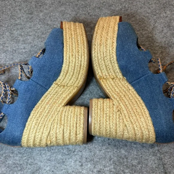 Tory Burch Espadrille Sandals 5.5 Positano Blue Canvas Platform Lace - Picture 4 of 8